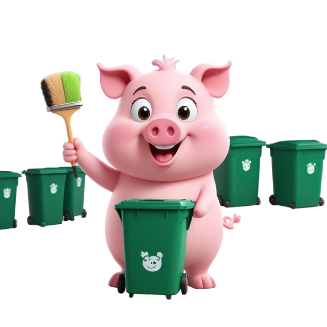 The Bin Piggies mascot holding a cleaning brush and a green recycling bin