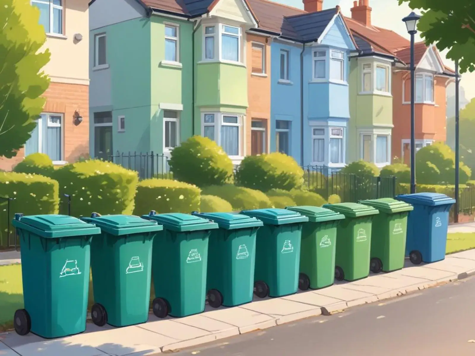 A row of sparkling clean green and blue wheelie bins on a tidy UK residential kerbside on a sunny morning